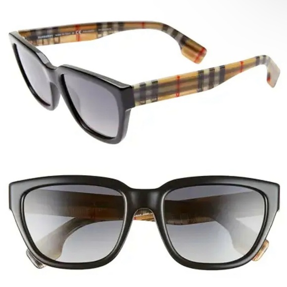 $319 Burberry Checked Arms Sunglasses Gray Polarized Lens Black Front Front NIB main image 8